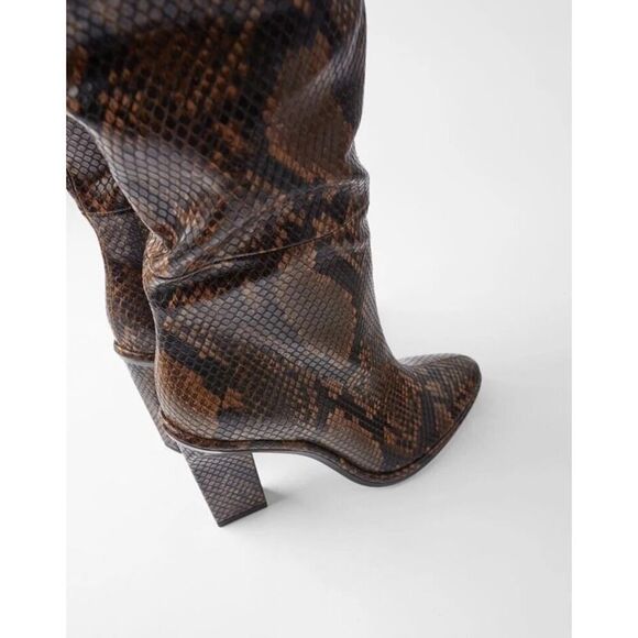 ZARA Snakeskin Print Knee High Boots Block Heel Brown Faux Leather Size US 7.5 - Picture 4 of 10
